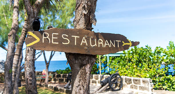 istock Rustic wooden restaurant sign with bird perched in tropical seaside setting 2227877481