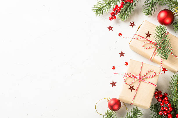 istock Christmas flat lay background with present box and decorations. 2227878224