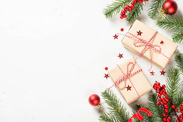 istock Christmas flat lay background with present box and decorations. 2227878264