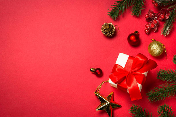istock Christmas flat lay background with fir tree and decorations. 2227878482