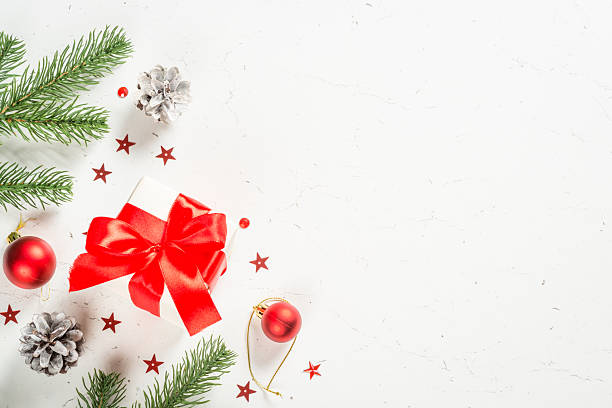 istock Christmas flat lay background with present box and decorations. 2227878562