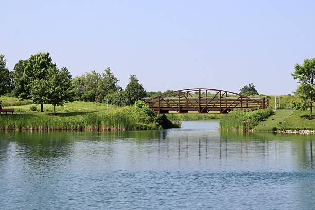 The metal bridge in the park on a sunny day.