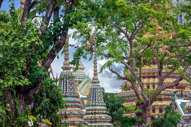 A group of colorful chedis at Wat Pho