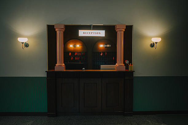 Retro Hotel Reception Counter with Warm Ambient Lighting