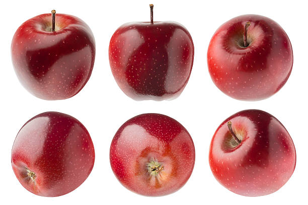 istock Bright red apples rich collection, whole ripe red apples with tails, different sides, studio shot, isolated on white background. Summer fresh fruits as design elements. 2227888625