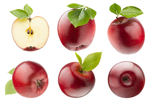 istock Red apples and green leaves - rich collection, whole, cut on half, pieces with green leaves, bunches, different sides isolated white background. Studio shot. Summer bright fruits as design elements. 2227888708