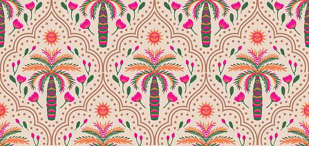 Hand drawn palm tree damask seamless pattern. Hawaiian ethnic print, summer holiday background in vintage style. Tropical plant painting. Design for fabric, textile, wallpaper and decoration.