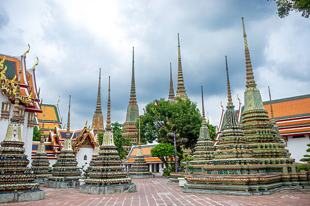 A group of colorful chedis at Wat Pho