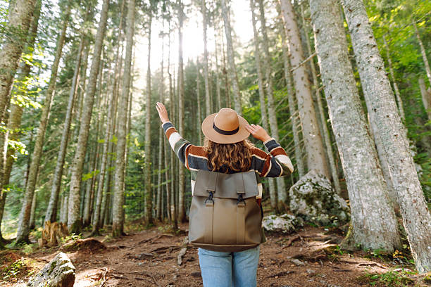 istock A young woman with a backpack and a hat walks along a rocky path in a dense forest. 2227892185