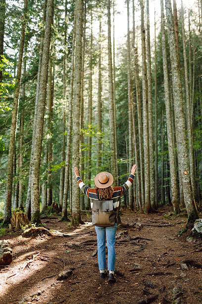istock A young woman with a backpack and a hat walks along a rocky path in a dense forest. 2227892190