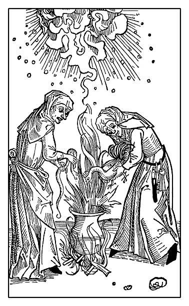 Witchcraft vintage illustration, witches at the caldron on fire flames preparing a potion