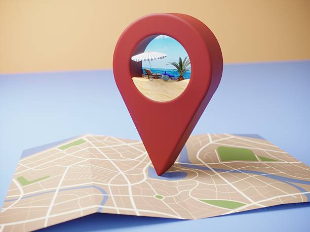 Travel destination pin on map – beach holiday concept
