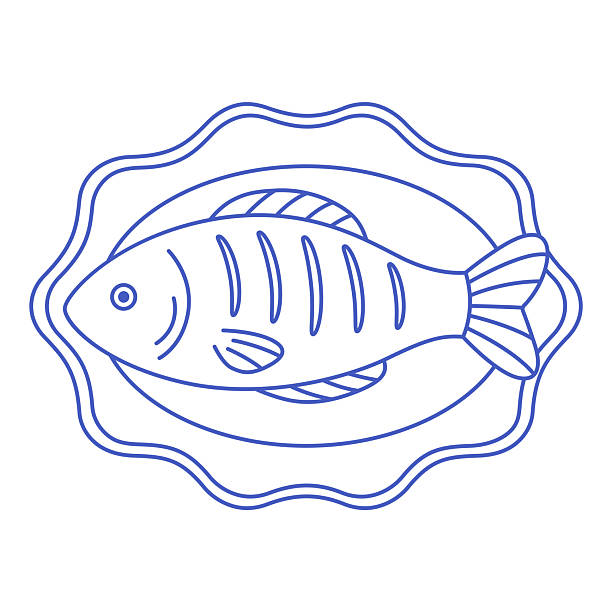 Grilled fish on a plate in mediterranean blue. Hand drawn outline fish sticker for menu design, banner, placard. Mediterranean italian style.