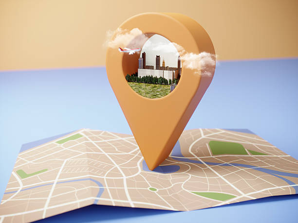 3D render of a location pin on a map revealing a city skyline with an airplane flying above, symbolizing urban travel planning and vacation ideas.
