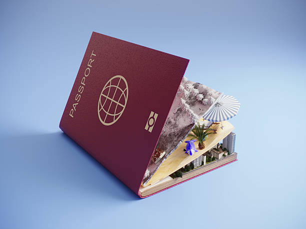 3D render of an open passport revealing miniature scenes of a city, beach, and snowy mountains, symbolizing travel ideas and holiday planning.