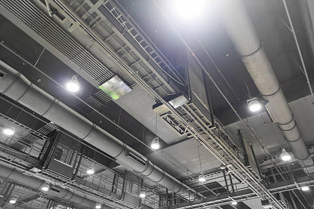istock Dark grey air conditioning system and lighting system in large interior spaces. Interior decoration system. 2227909294