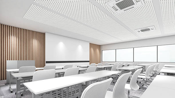 istock Seminar rooms in various forms, teaching rooms in white tones with soundproof carpets, side view, 3D rendering 2227909407