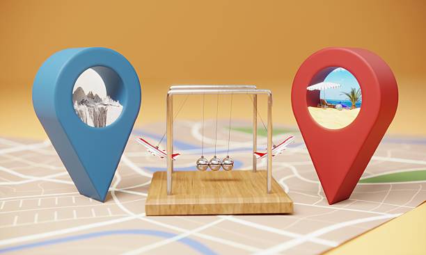 istock Travel decision concept with destination pins and pendulum 2227909566