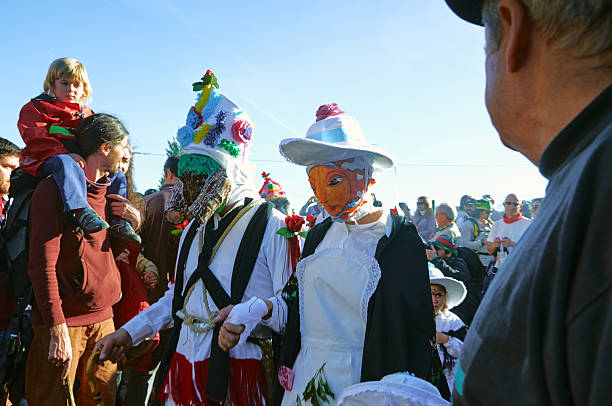 Almiruete, Spain 25-02-2017 - Disguised figures with cowbells and scary masks parade in Almiruete’s traditional winter festival.