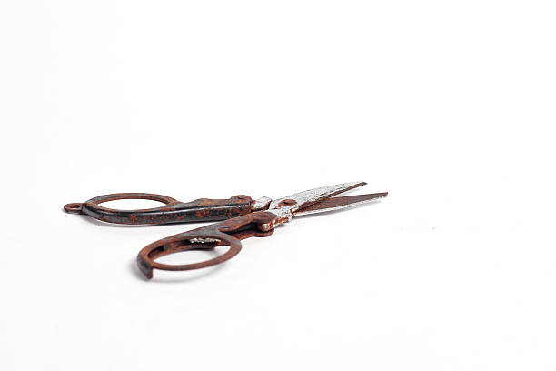 Old rusty scissors isolated on white background. Iron scissors close-up.