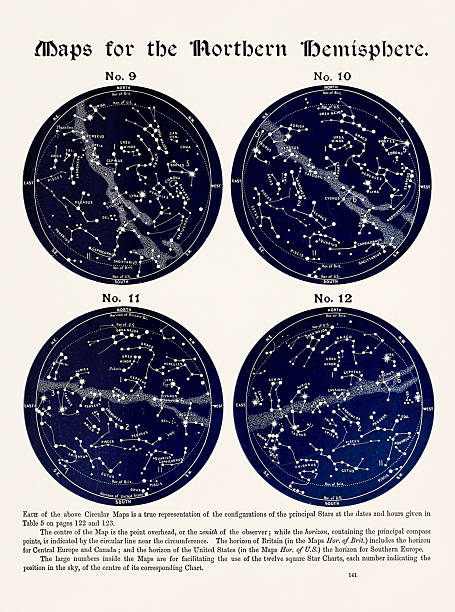 Vintage astronomy illustration. Ca 1891 Vintage astronomy illustration. Astronomical plate published in New York in 1891, depicting celestial phenomena and star charts. constellation cygnus stock illustrations