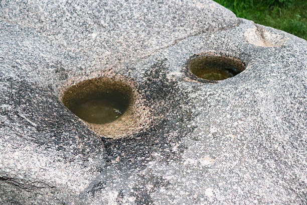 Detail of cavities filled with water in a large rock at Shincal de Quimivil, Catamarca, Argentina. These depressions served as mortars for the indigenous peoples.