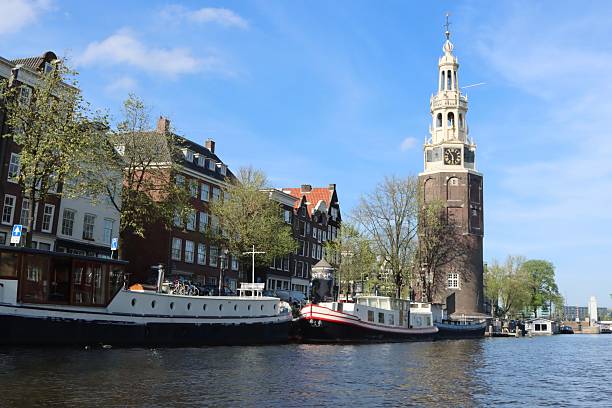 Montelbaanstroren clock tower along the canals of Amsterdam