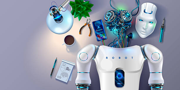 Humanoid robot lies on an engineer assembly table in laboratory. Engineer designs AI brain, programming artificial intelligence or cybernetic brain humanoid robot or cyborg. Robot parts on workplace. Humanoid robot lies on an engineer assembly table in laboratory. Engineer designs AI brain, programming artificial intelligence or cybernetic brain humanoid robot or cyborg. Robot parts on workplace. robot wires stock illustrations