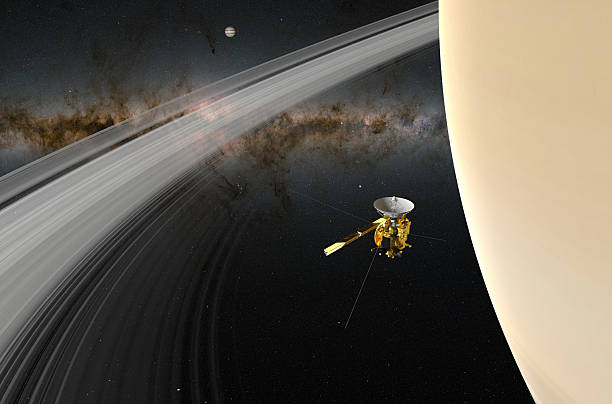istock Cassini–Huygens space probe between Saturn's rings – closeup view 3d illustration 2227971609
