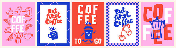 Creative coffee posters or cards in cartoon sketch doodle retro style with cups, coffee pot, espresso machine, cappuccino and typography design. Decor for kitchens, cafe, coffee shop and restaurant.