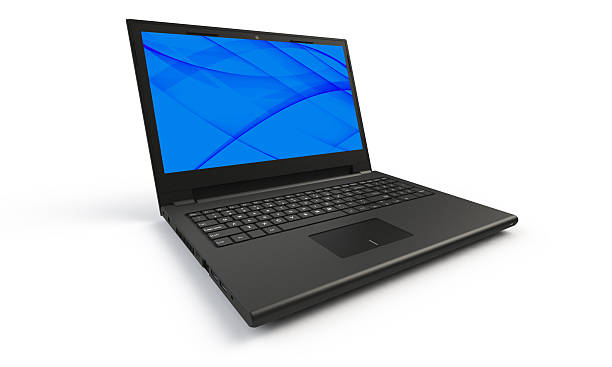 istock 3d render of a black laptop isolated on white. The screen shows a blue abstract wave image. the screen is open and facing forward 2227973371