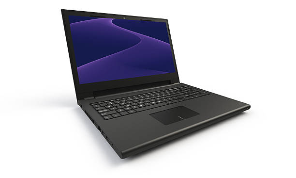 istock 3d render of a black laptop isolated on white. The screen shows a blue  abstract wave image. the screen is open and facing forward 2227973376