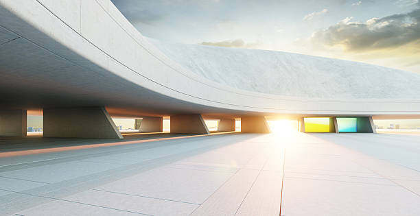 istock 3d rendering futuristic concrete building with colorful windows at sunset 2227975668