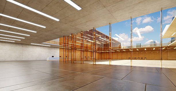istock 3d rendering modern empty building lobby opening into courtyard with city view 2227975951