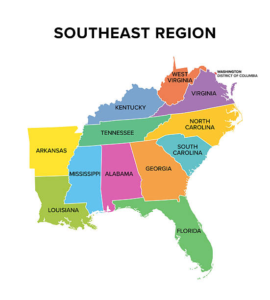 ilustraciones, imágenes clip art, dibujos animados e iconos de stock de región sureste de los estados unidos, mapa multicolor - carolina del norte estado de los ee uu