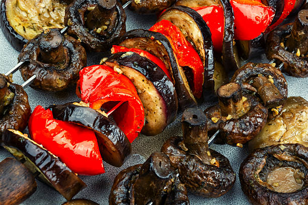 Vegetarian grill skewers, grilled vegetable kebabs. Healthy meal or barbecue.