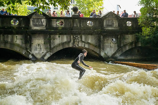 English Garden, Munich, Germany, July 27, 2025. The Eisbachwelle, a large river wave in the middle of the city, is a top attraction in Munich.