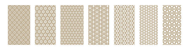 A collection of seven seamless vector patterns inspired by traditional and cultural motifs. The patterns incorporate stylized six-pointed Jewish stars (Stars of David), abstract floral shapes, and symmetrical tessellations in a uniform beige and white color palette.
