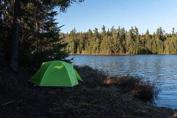istock Green tent by a tranquil forest lake. 2227985909