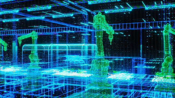 istock Future of Autonomous Factories with Advanced Robot Arms and Computer Vision. Digital Twin Simulation of Robotic Automation in High-Tech Manufacturing and Industry 4.0 Applications. Advanced Production 2227991120