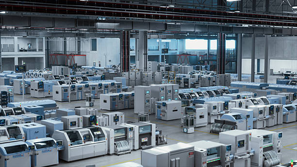 istock Explore A Futuristic High-Tech Electronics Factory Featuring Advanced Robotic Arms and Automated Assembly Lines Manufacturing Cutting-Edge Microchips and GPUs in a Vast Industrial Setting. 2227991351
