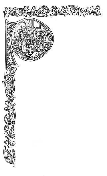 Medieval typographic artwork of the year 1475: capital letter P and a schoolroom inside