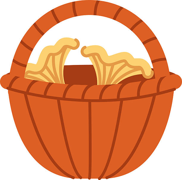 177_elements__cute_kids_picking_up_mushrooms_mushroom_pickers_children A wicker basket filled with mushrooms in a cartoon style. The basket contains fungi with wavy caps drawn in a playful manner. Cartoon vector illustration. foraging-basket stock illustrations