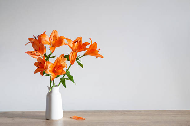 orange lilies in white vase on wooden table