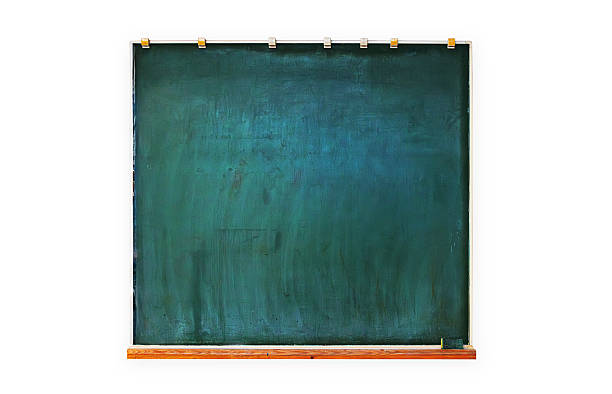istock Empty chalkboard isolated on white background. Vintage green blackboard with wood ledge and  faded chalk marks. 2228002156