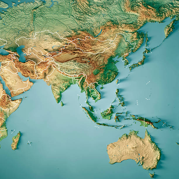 istock Asia Australia Topographic Map 3D Render Color Border 2228004739