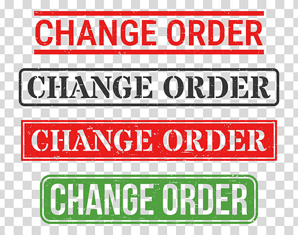 Change Order. Grunge rubber stamps for your own design, isolated on a transparent background. Four trendy stamps with a slight grunge texture, in different styles and ink colors. The first stamp is in red ink with lines above and below the text. The second stamp is in black ink with the text framed. The third stamp is in red ink with the text transparent. The fourth stamp is in green ink with the text transparent. Vector Illustration (EPS file, well layered and grouped). Easy to edit, manipulate, resize or colorize. Vector and Jpeg file of different sizes.
