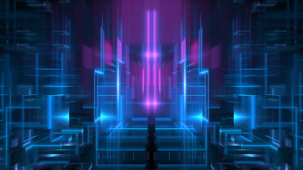 istock A captivating futuristic environment filled with neon lights and geometric shapes, set against a dark background. The design emphasizes depth and a sense of endless space. 3d render 2228009586