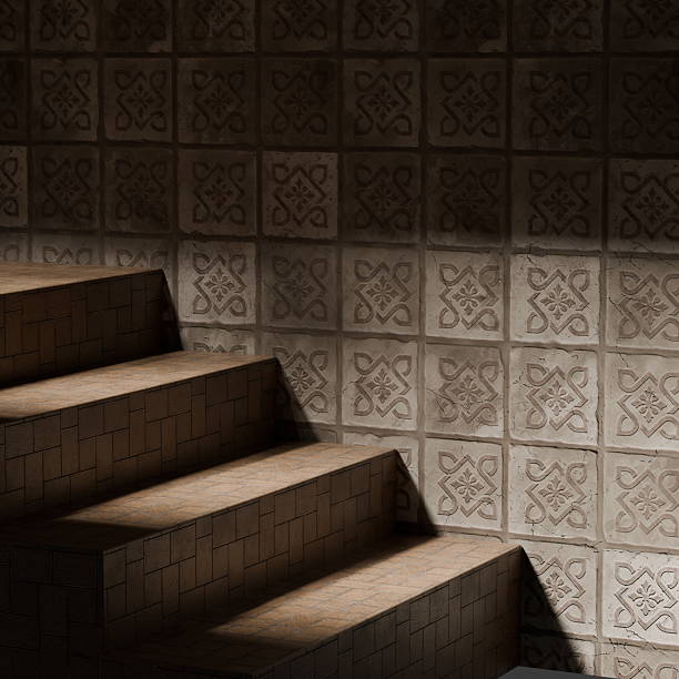 Light casts intriguing shadows on clay tiles as wooden steps ascend. Textured patterns add depth to the ambiance, creating a serene atmosphere in the interior setting. 3d render