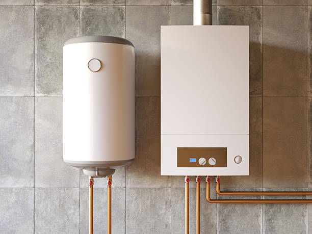 Modern Gas Water Heater and Boiler System on Bathroom Wall. 3D Render